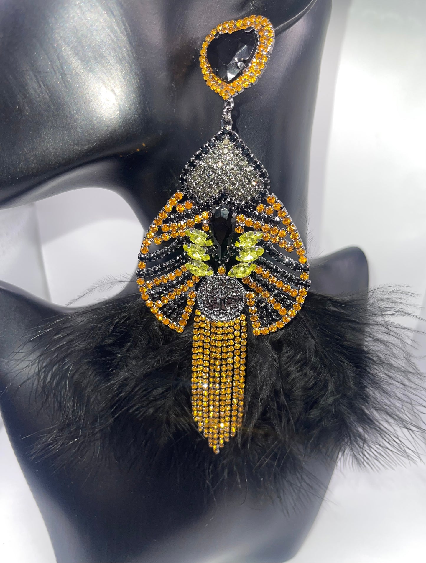 LUXE Black Queen Feather Tassel Drop Earrings