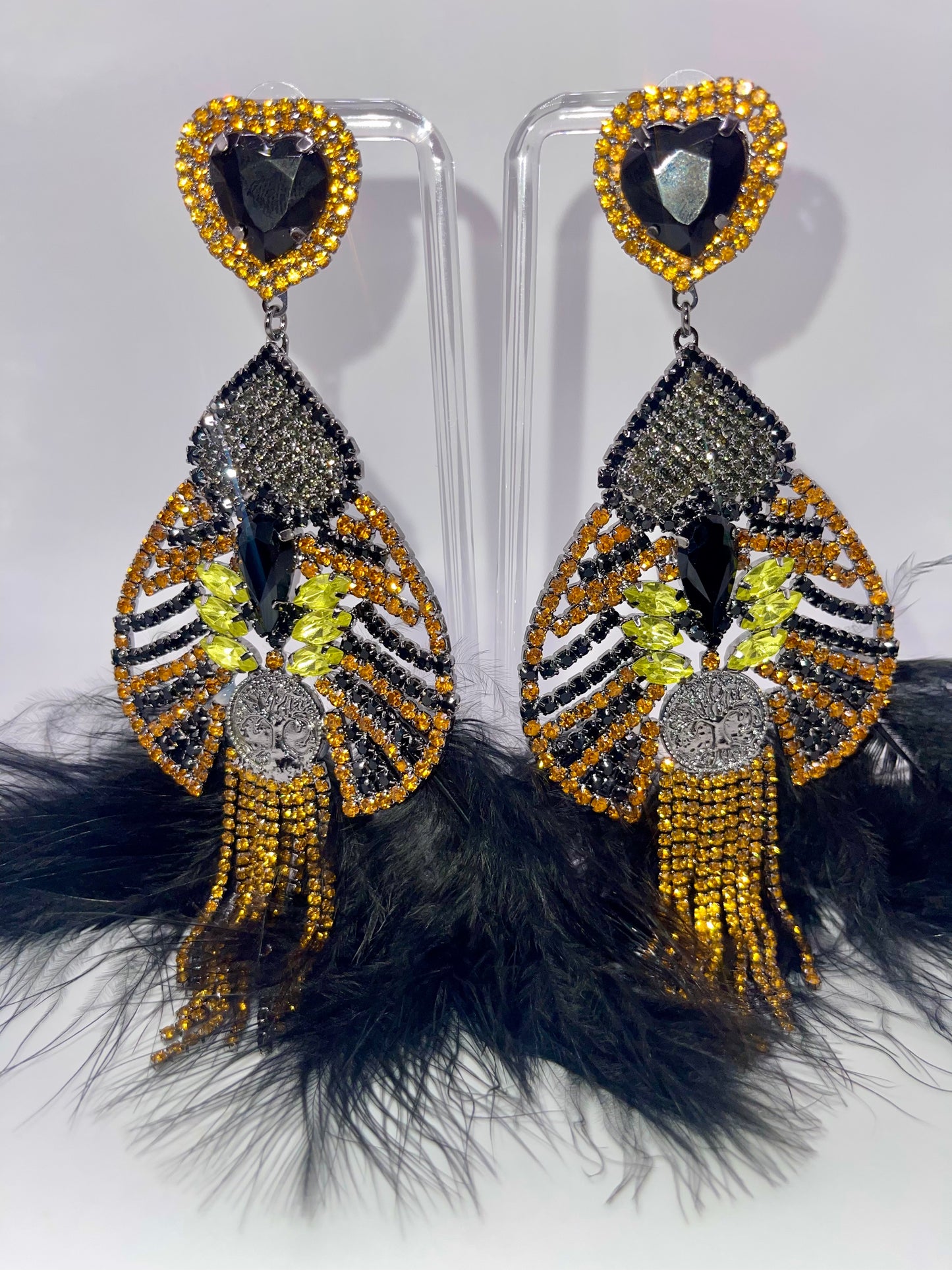 LUXE Black Queen Feather Tassel Drop Earrings