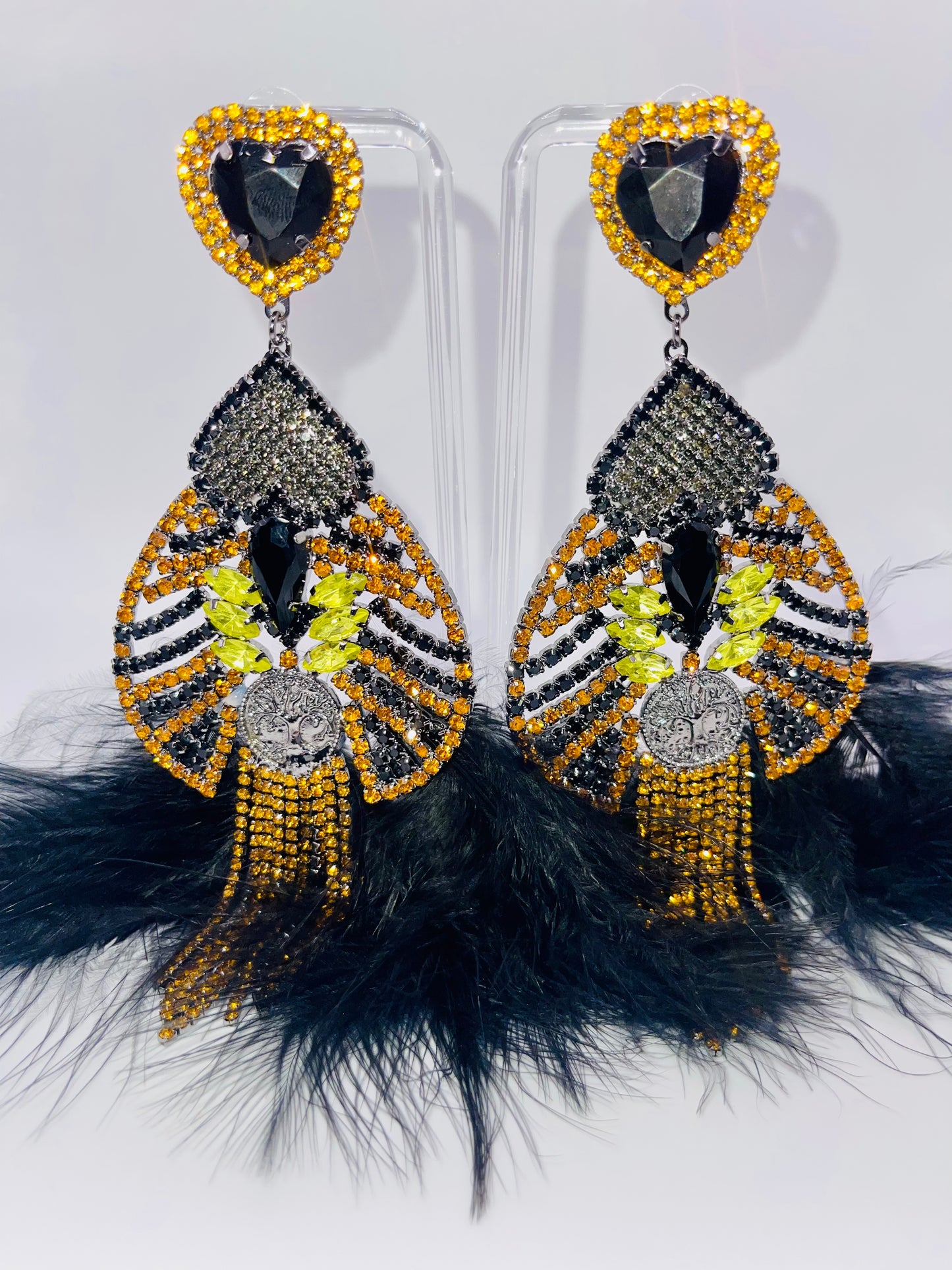 LUXE Black Queen Feather Tassel Drop Earrings