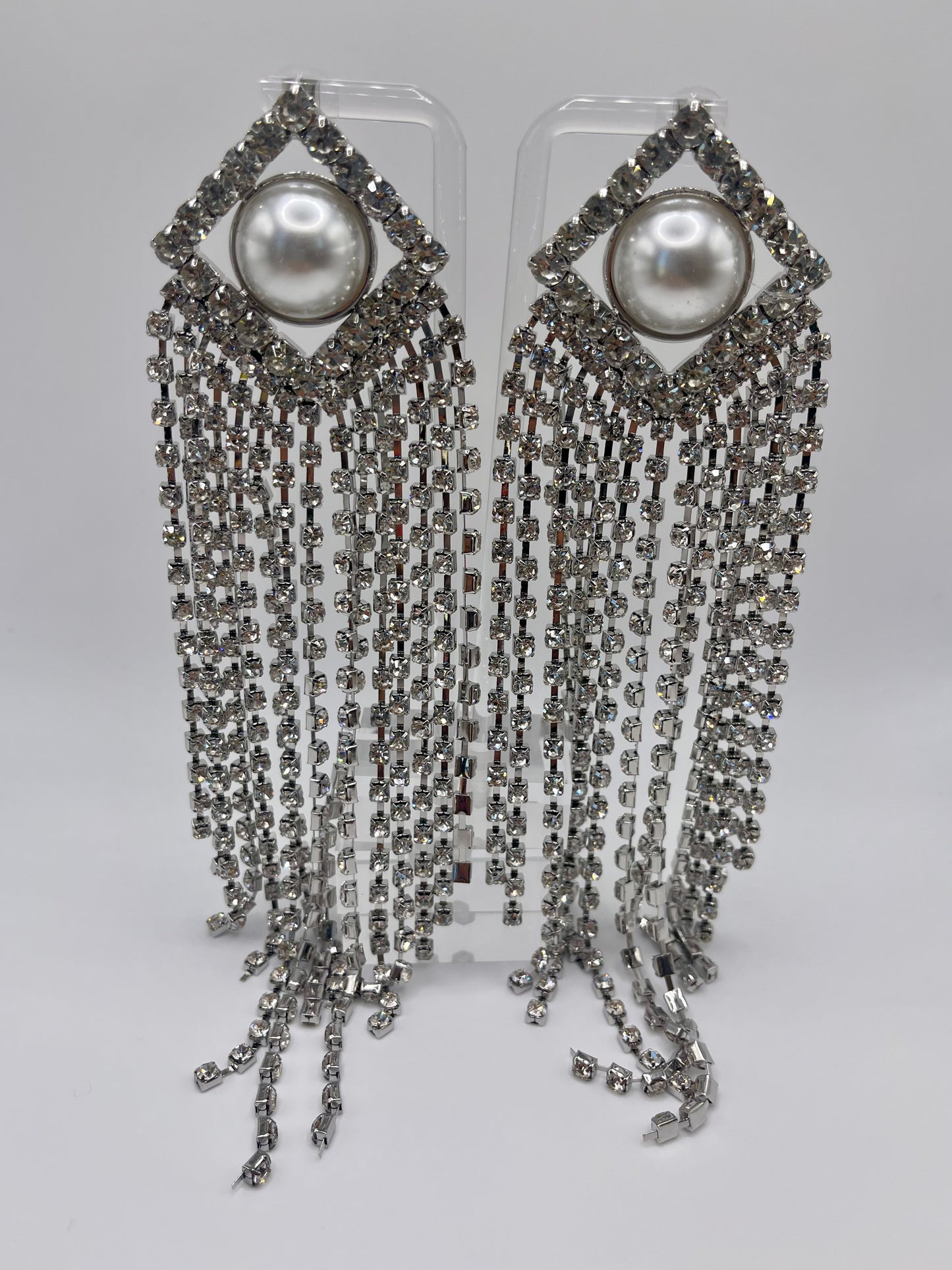 LUXE Diamonds and Pearls Tassel Chandelier Earrings