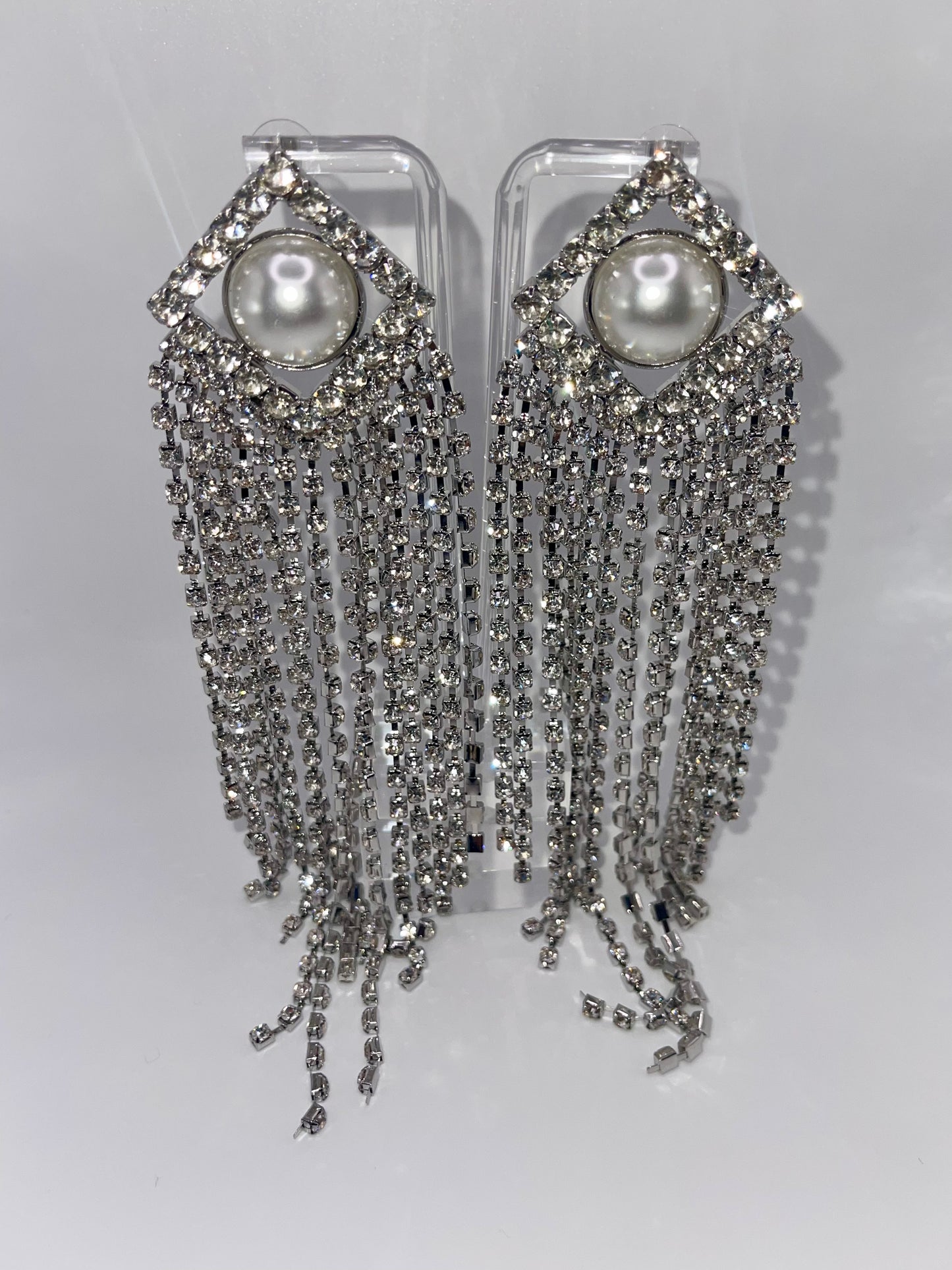 LUXE Diamonds and Pearls Tassel Chandelier Earrings